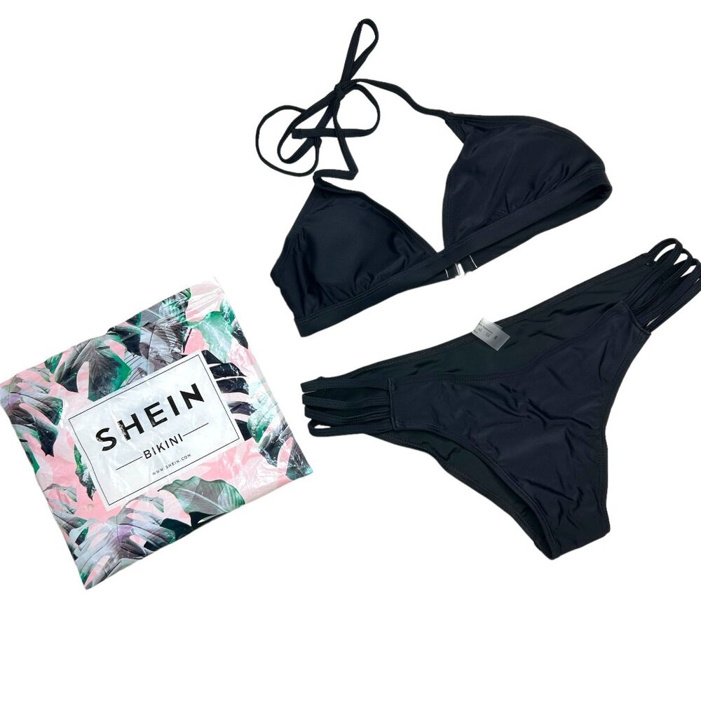 SHEIN Womens S Black String Bikini Swimwear Strappy Halter Tie Bathing Suit